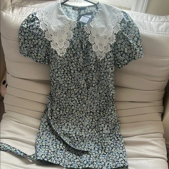 Maje Floral Mini Dress with White Lace Collar - Picture 3 of 7